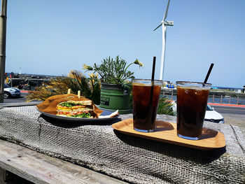 Close-up of drink on table against clear sky