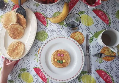 High angle view of breakfast on table