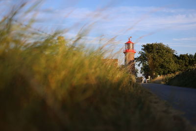 Lighthouse amidst trees against sky