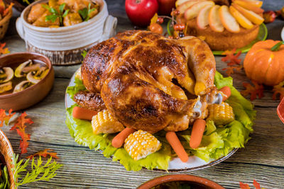 High angle view of food served on table