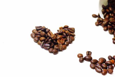 High angle view of coffee beans against white background