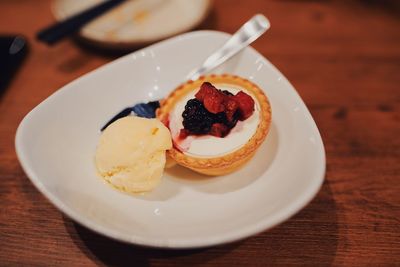 Close-up of dessert served on table