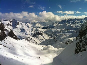 Scenic view of snowcapped mountains against sky