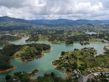 High angle view of lake against sky