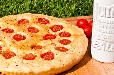 Close-up of focaccia on table