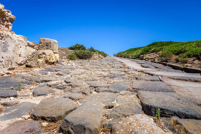 Scenic view of rock formation against clear blue sky