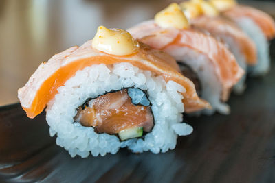 Close-up of sushi served in plate