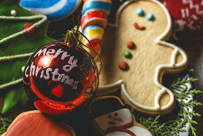 Close-up of christmas decorations on table