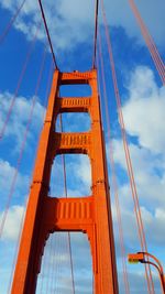 Low angle view of suspension bridge against sky