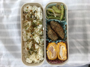 High angle view of meal served on table