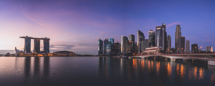 River by city buildings against sky during sunset