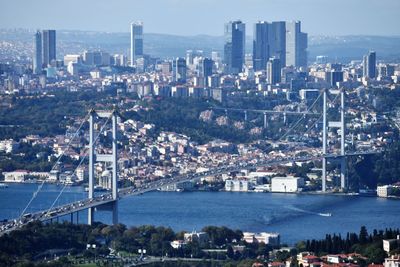 High angle view of city at waterfront