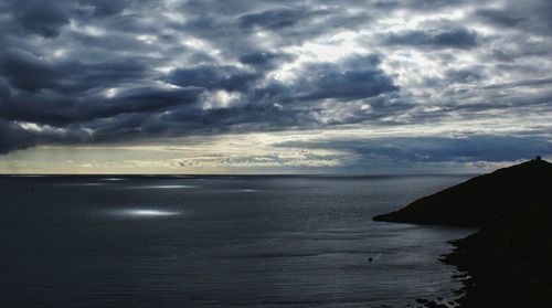 Scenic view of sea against storm clouds