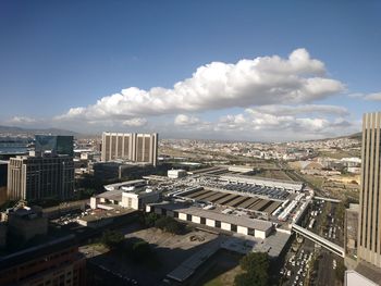 High angle view of buildings against sky