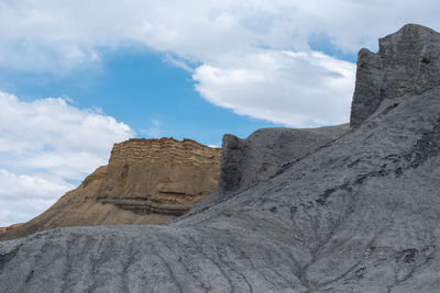 Low angle view of rock formations against sky