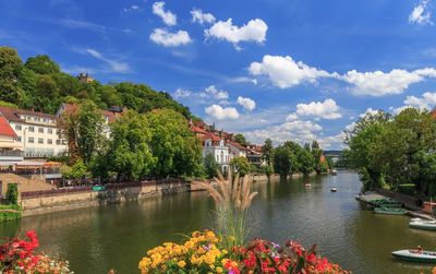 Scenic view of river by buildings against sky