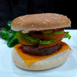 Close-up of burger in plate