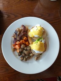 High angle view of breakfast served on table