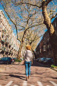 Rear view of man walking on street