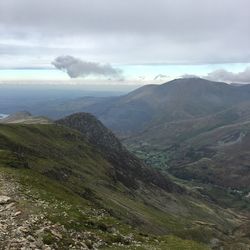 Scenic view of mountains against cloudy sky