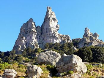 Low angle view of rock formation against clear blue sky