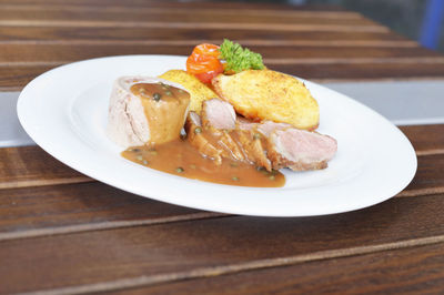 Close-up of food in plate on table