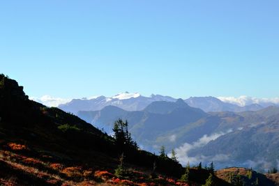 Scenic view of mountains against clear blue sky