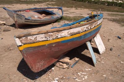 Boat moored on sand at beach