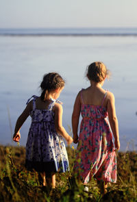 Rear view of sisters looking at sea while standing on land