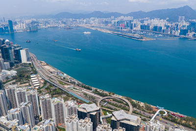 High angle view of city at waterfront