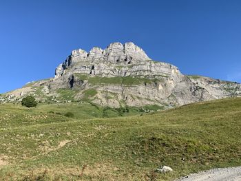 Low angle view of rock formation against clear sky