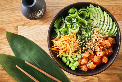 High angle view of vegetables in bowl on table