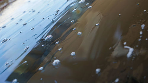 High angle view of raindrops on car windshield
