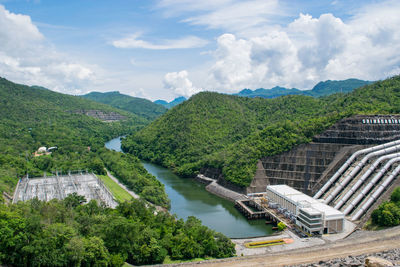 Scenic view of dam by river against sky