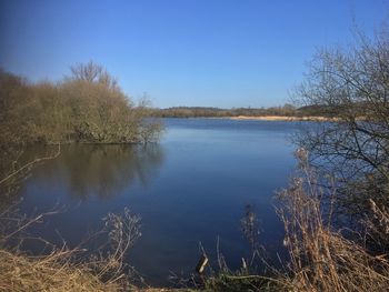 Scenic view of lake against clear sky