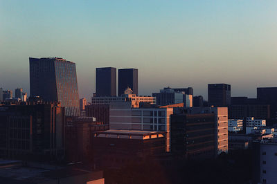 City skyline at sunset