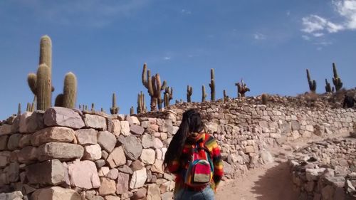 Rear view of woman standing by wall against sky