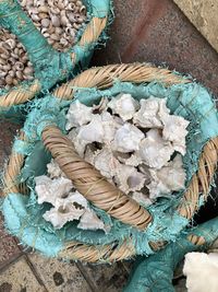 High angle view of mushrooms in basket