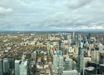 High angle view of buildings against sky in city