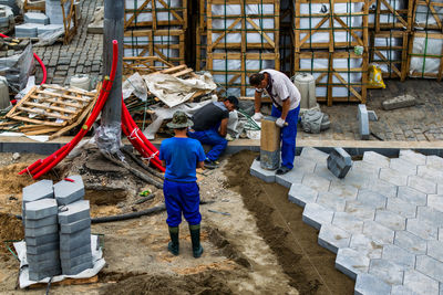 High angle view of workers working at construction site