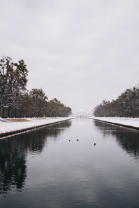 Swan swimming on bridge over lake against sky