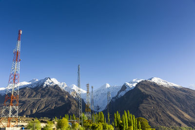 Scenic view of snowcapped mountains against clear blue sky