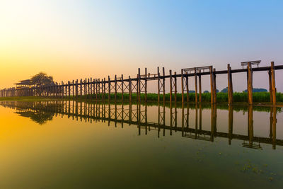 Scenic view of lake against clear sky during sunset