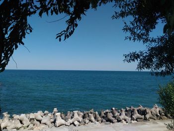 Scenic view of sea against clear blue sky