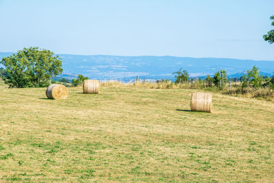 Hay bales on field against sky