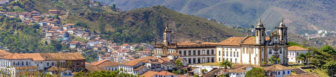 Panoramic view ancient ouro preto city with their hills, houses, churches and monuments