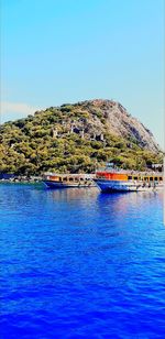 Scenic view of sea against clear blue sky