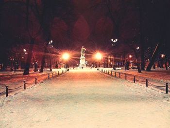 Illuminated snow covered landscape at night