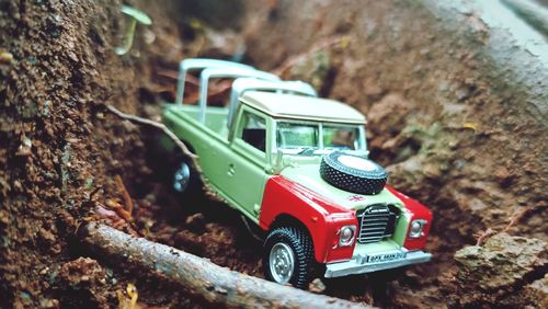 Close-up of toy car on tree trunk