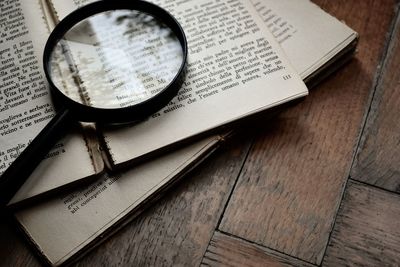 High angle view of open book on table